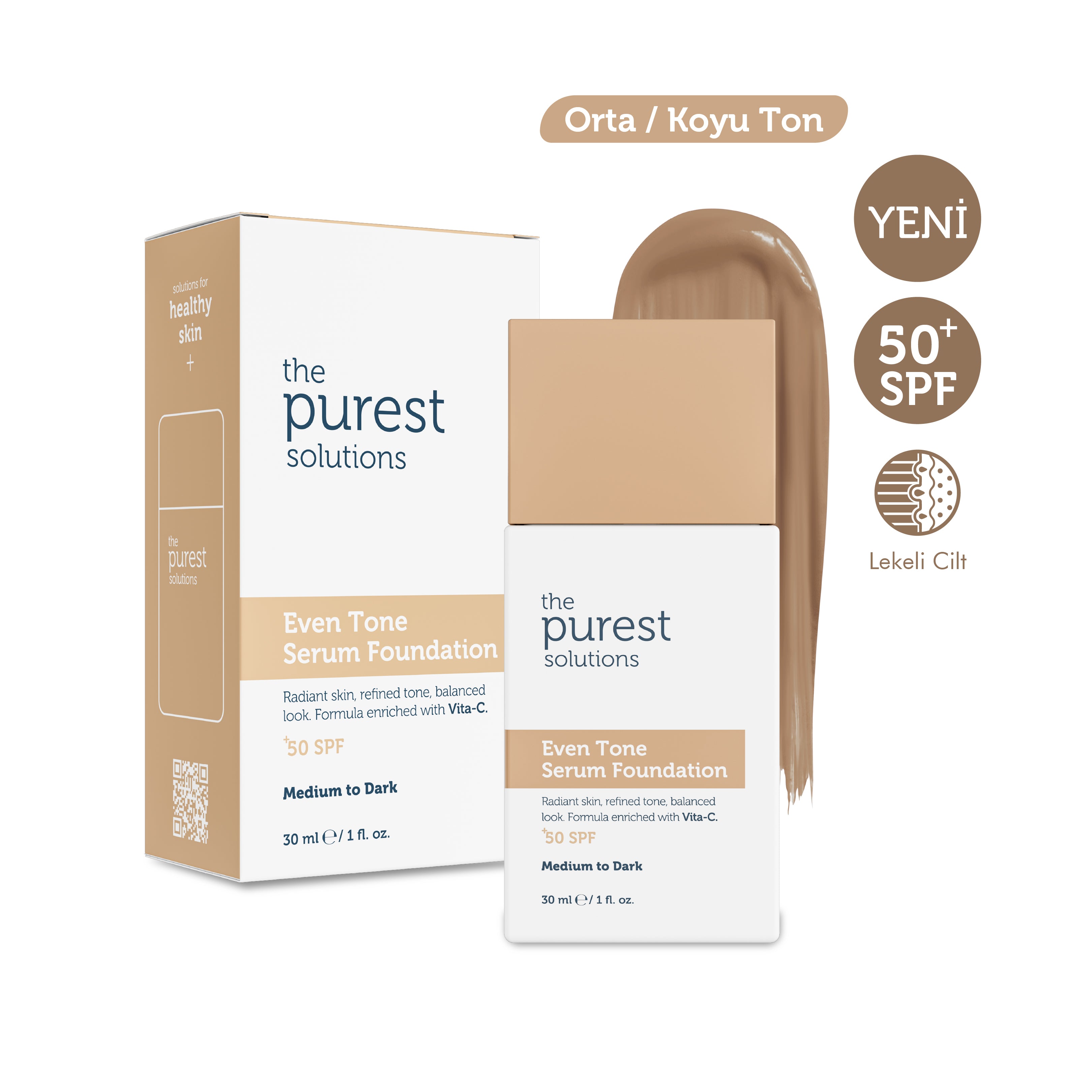 Cilt Tonu Eşitleyici & Leke Karşıtı  Serum Fondöten  SPF 50+,30 ml – Orta/Koyu Ton