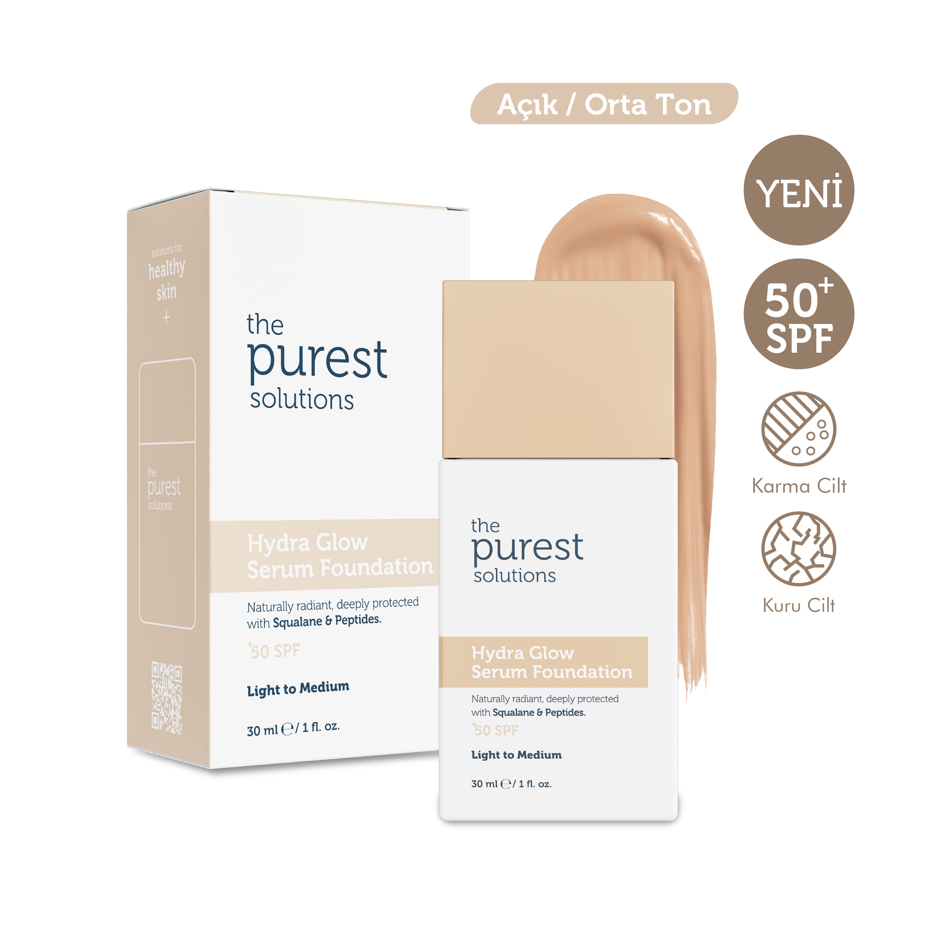 Nemlendirici & Canlandırıcı Serum Fondöten  SPF 50+,30 ml – Açık/Orta Ton