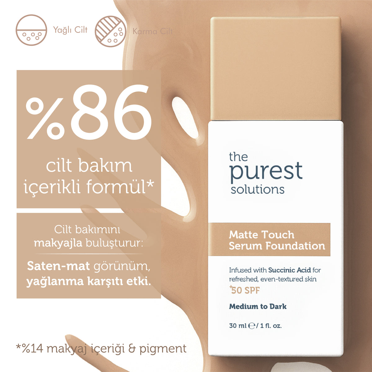 Sebum Dengeleyici & Matlaştırıcı Serum Fondöten SPF 50+,30 ml – Orta/Koyu Ton