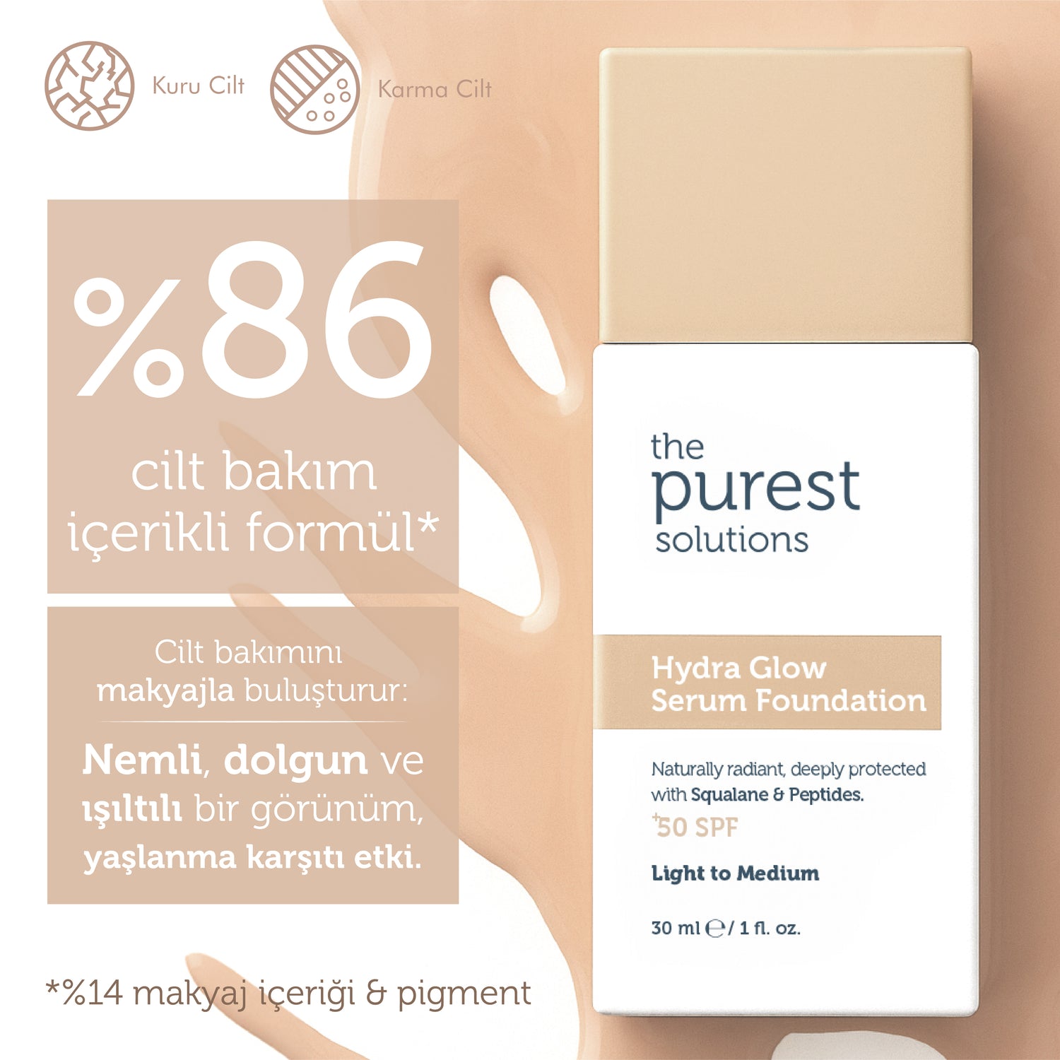 Nemlendirici & Canlandırıcı Serum Fondöten  SPF 50+,30 ml – Açık/Orta Ton