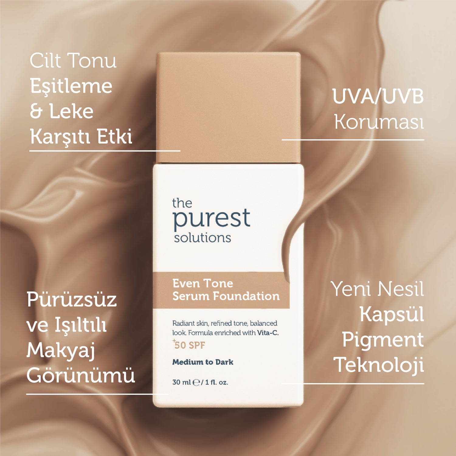 Cilt Tonu Eşitleyici & Leke Karşıtı  Serum Fondöten  SPF 50+,30 ml – Orta/Koyu Ton