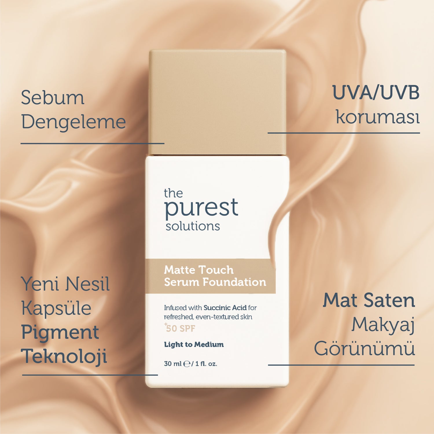 Sebum Dengeleyici & Matlaştırıcı Serum Fondöten  SPF 50+,30 ml – Açık/Orta Ton