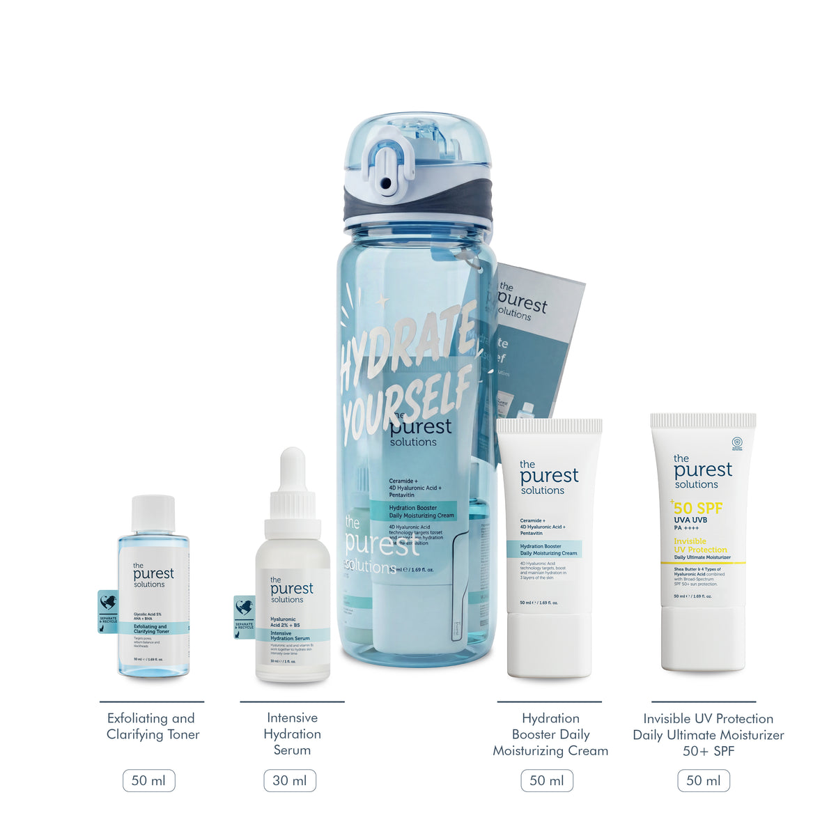 Hydrate Yourself Set | SPF 50+ Sunscreen, Moisturizing Cream, Hyaluronic & Glycolic Acid