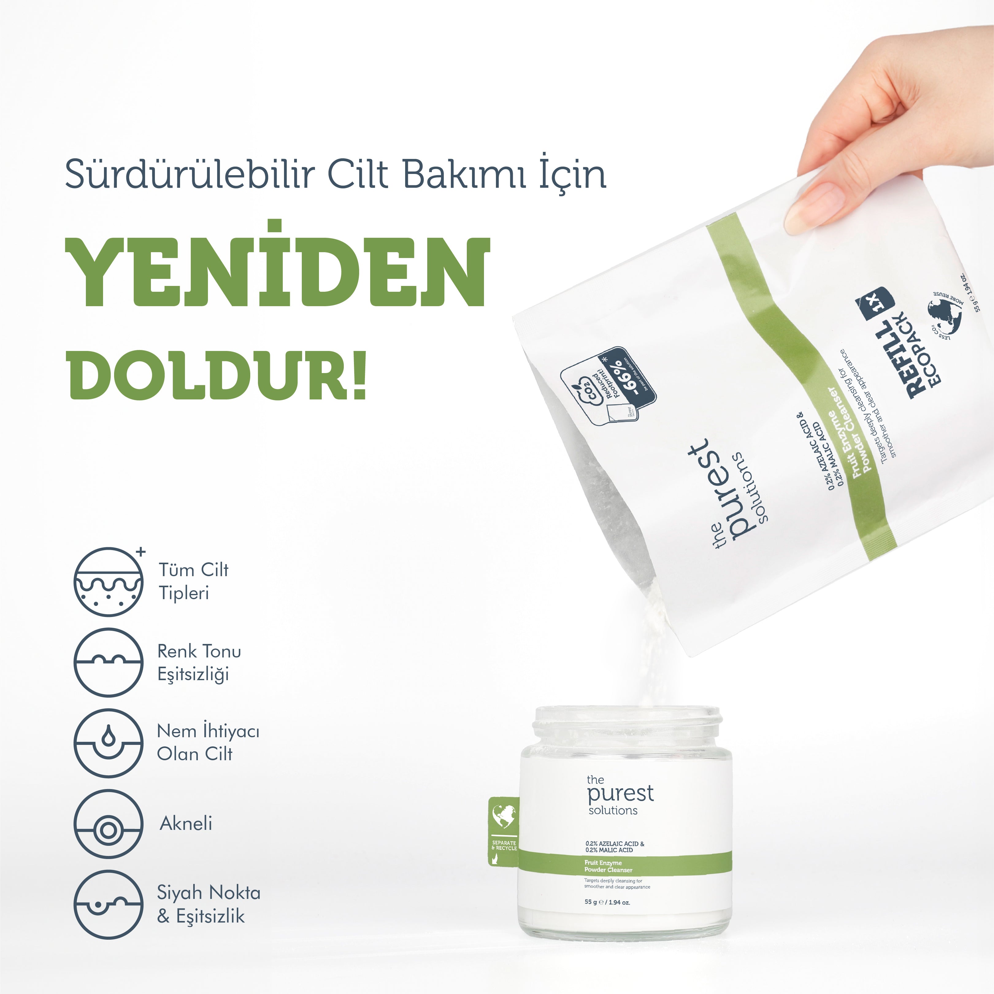 Refill Ecological Spare Pack - Azelaic Acid and Malic Acid Enzyme Powder Cleaner 55 Gr