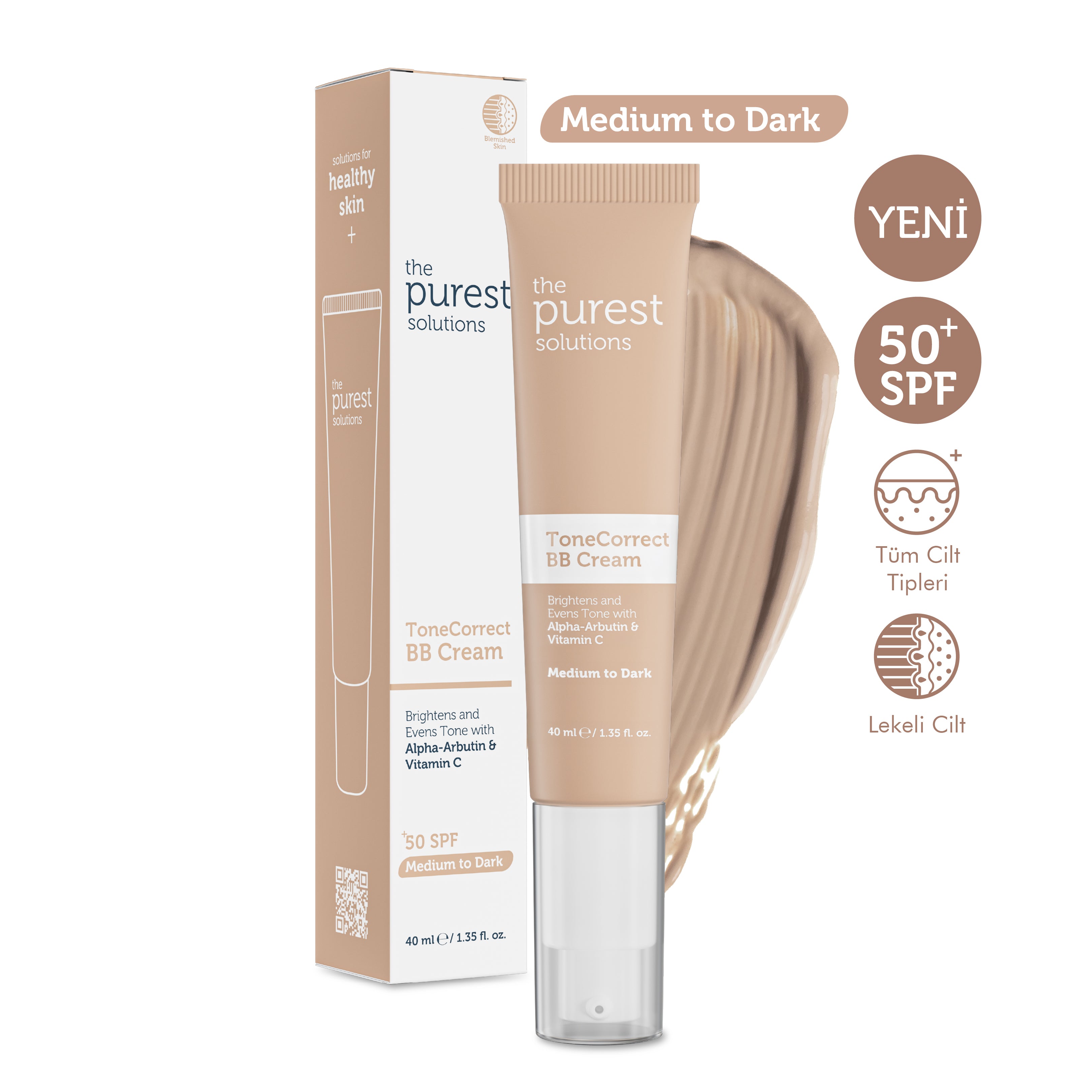 Skin Tone Equalizing BB Cream for Blemished Skin, SPF 50+, 40 ml – Medium/Dark Tone | The Purest Solutions
