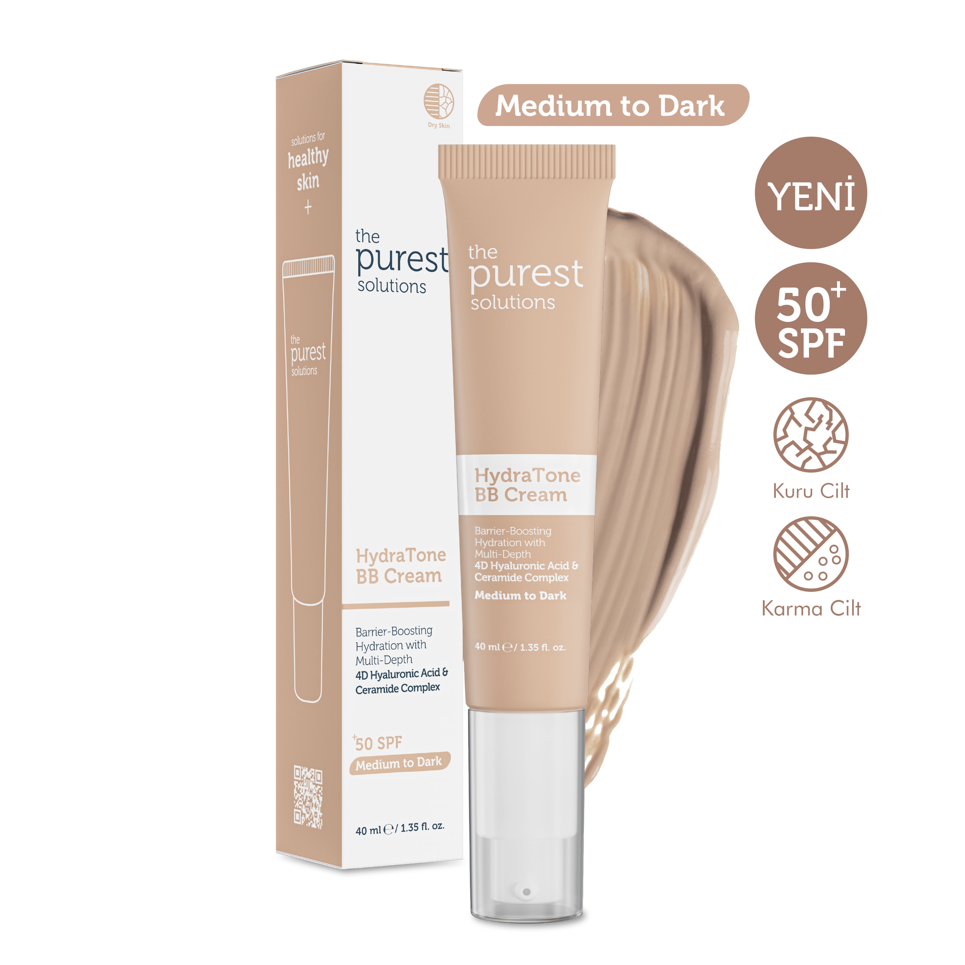 The Purest Solutions Intensive Moisturizing BB Cream for Dry and Combination Skin, SPF 50+, 40 ml – Medium/Dark Tone