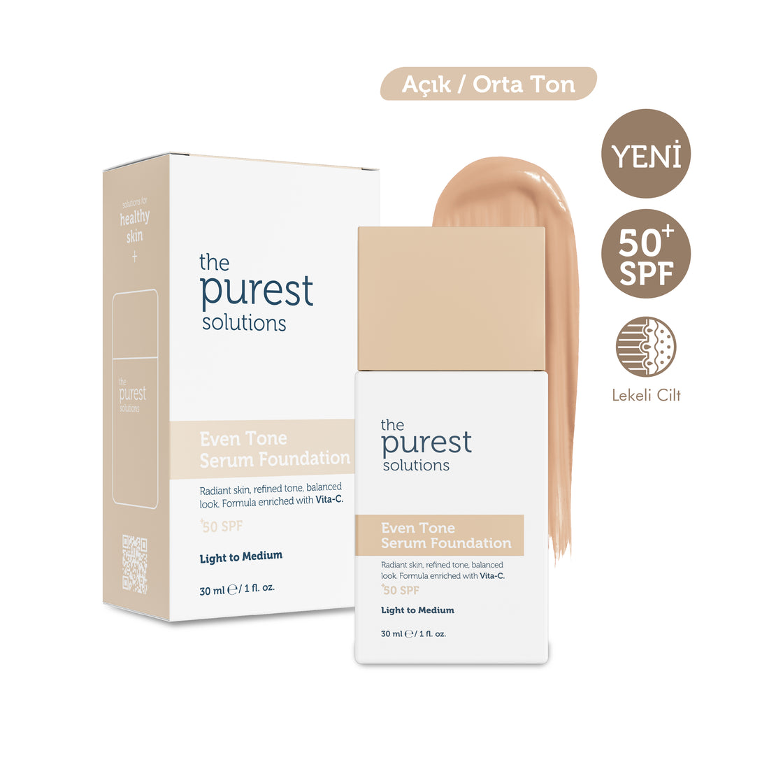 Cilt Tonu Eşitleyici &amp; Leke Karşıtı  Serum Fondöten  SPF 50+,30 ml – Açık/Orta Ton