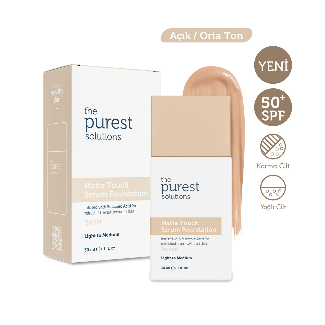 Sebum Dengeleyici &amp; Matlaştırıcı Serum Fondöten  SPF 50+,30 ml – Açık/Orta Ton