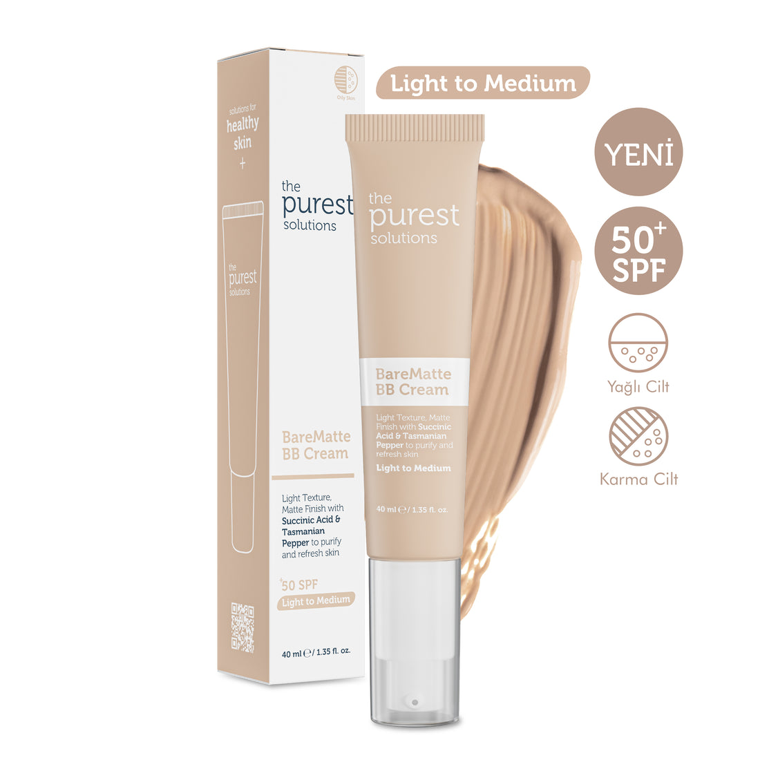 Yağlı ve Karma Ciltler İçin Matlaştırıcı BB Krem, SPF 50+,40 ml – Açık/Orta Ton