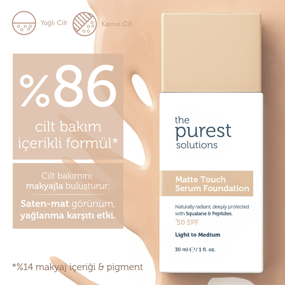 Sebum Dengeleyici &amp; Matlaştırıcı Serum Fondöten  SPF 50+,30 ml – Açık/Orta Ton