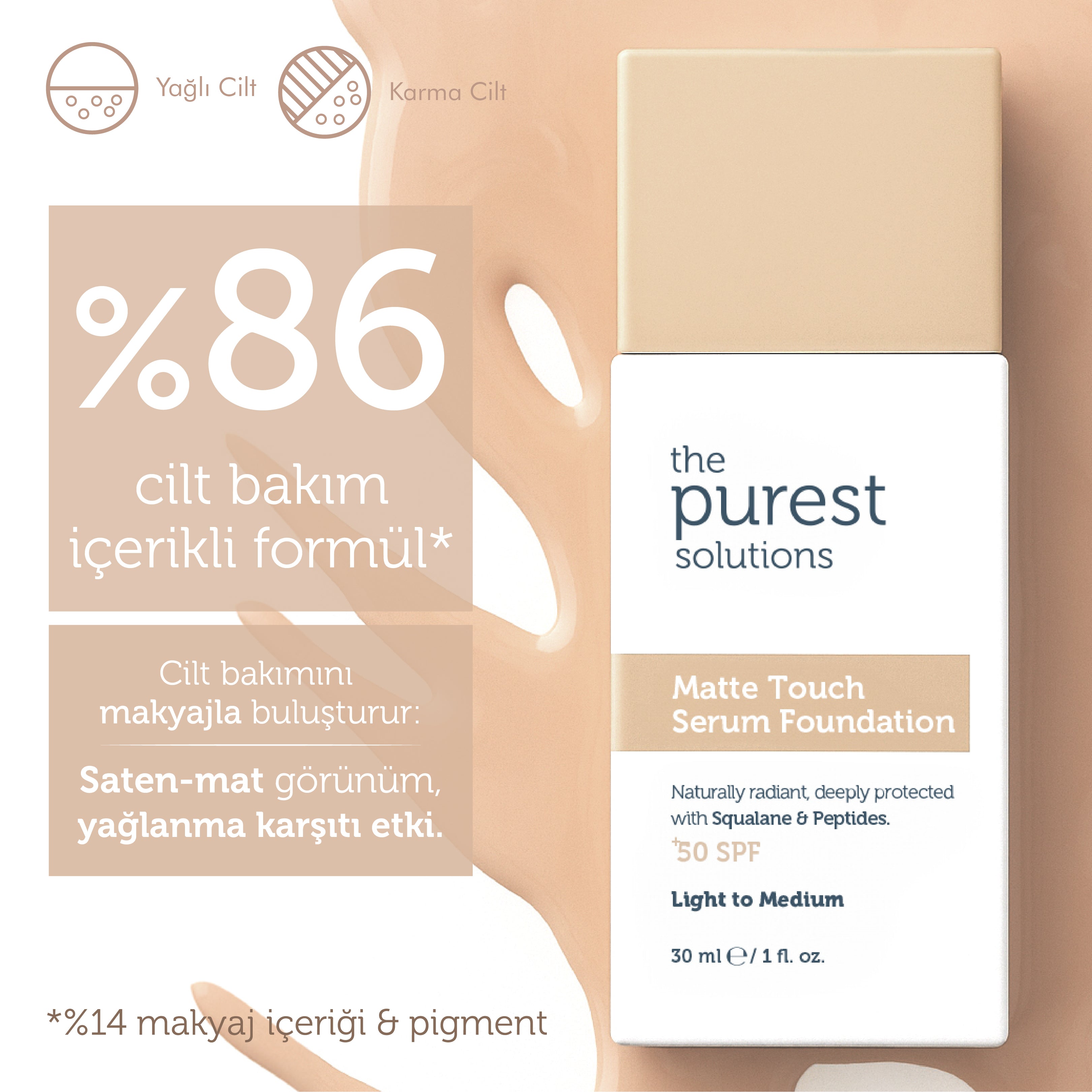 Sebum Dengeleyici &amp; Matlaştırıcı Serum Fondöten  SPF 50+,30 ml – Açık/Orta Ton