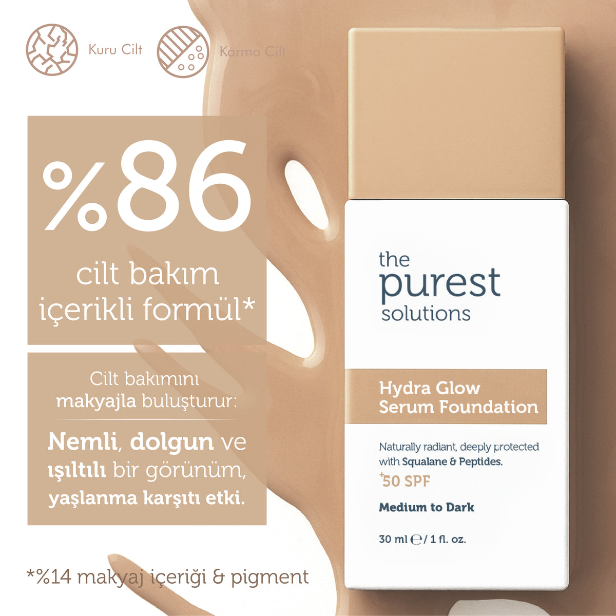 Nemlendirici &amp; Canlandırıcı Serum Fondöten  SPF 50+,30 ml – Orta/Koyu Ton