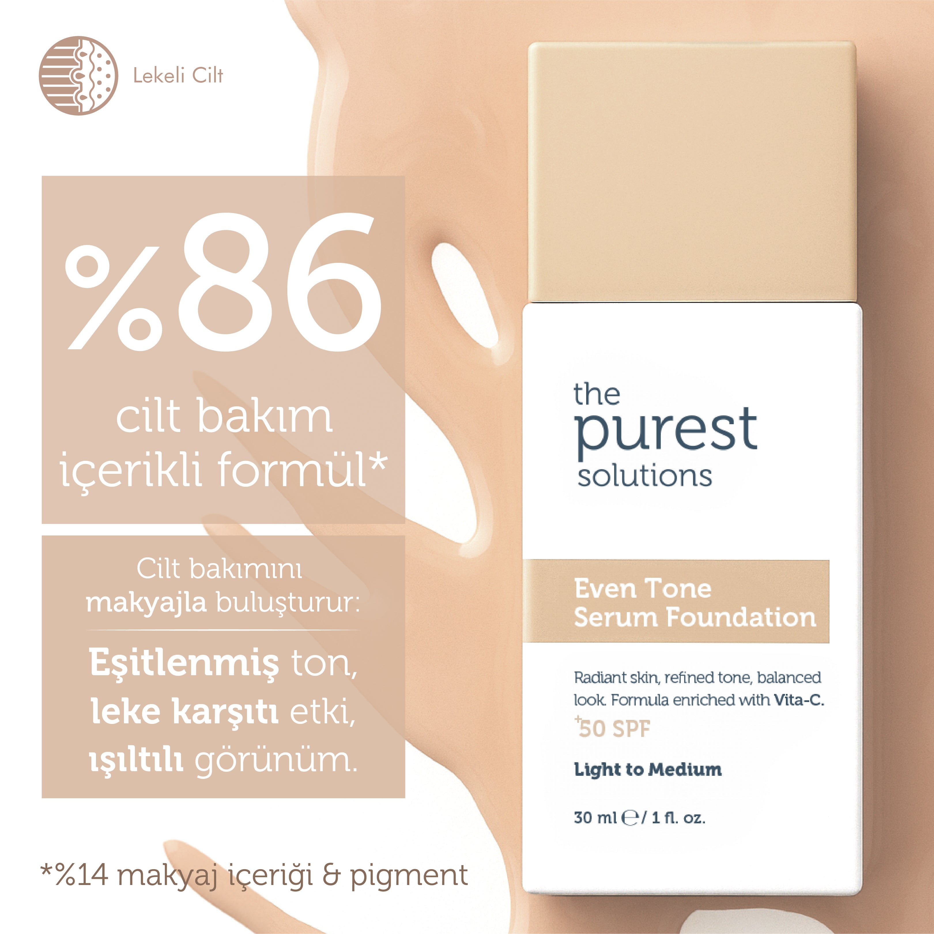 Cilt Tonu Eşitleyici &amp; Leke Karşıtı  Serum Fondöten  SPF 50+,30 ml – Açık/Orta Ton