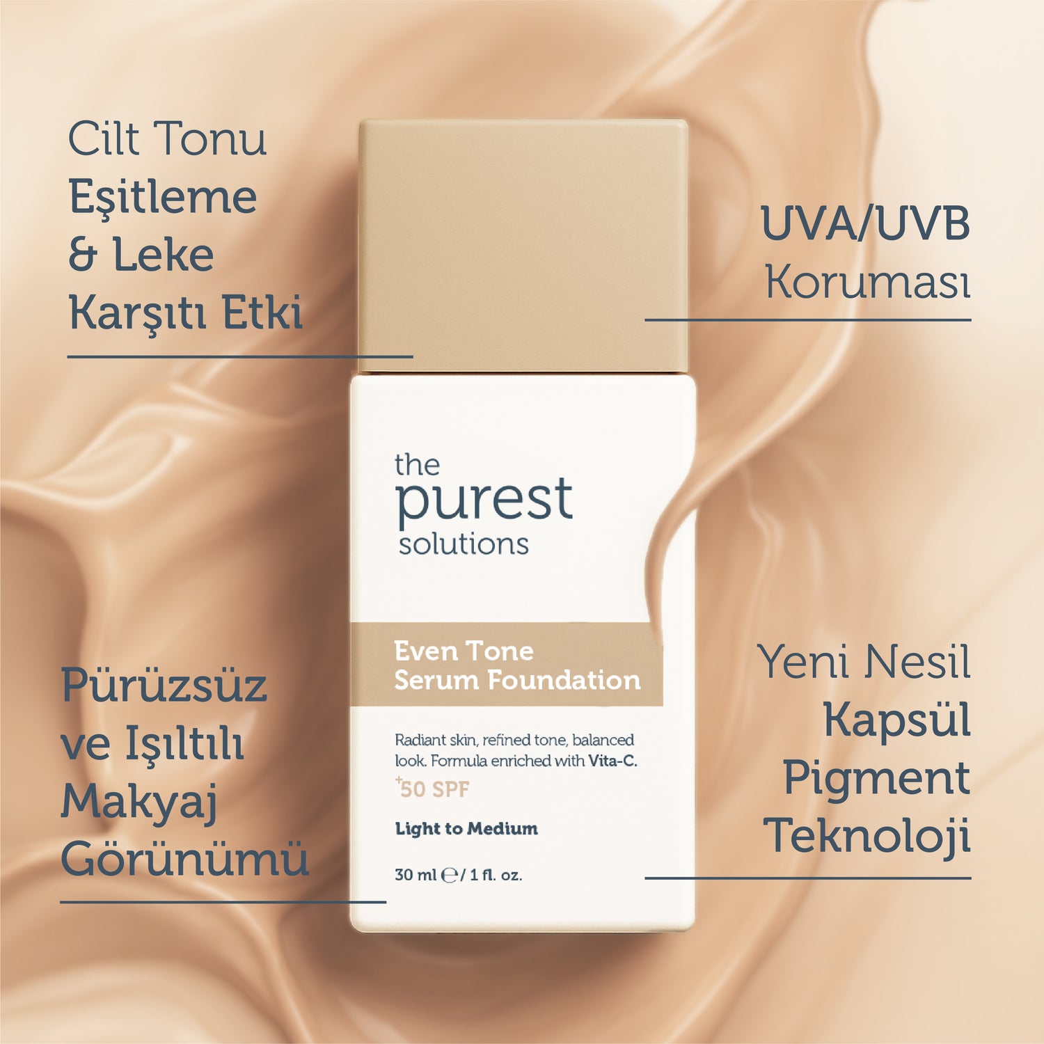 Cilt Tonu Eşitleyici &amp; Leke Karşıtı  Serum Fondöten  SPF 50+,30 ml – Açık/Orta Ton