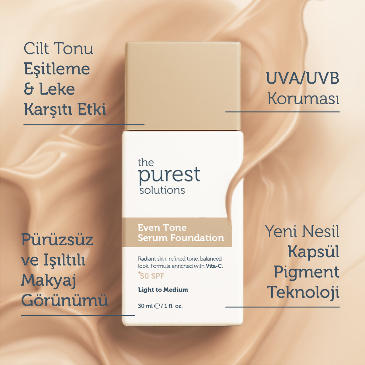 Cilt Tonu Eşitleyici &amp; Leke Karşıtı  Serum Fondöten  SPF 50+,30 ml – Açık/Orta Ton