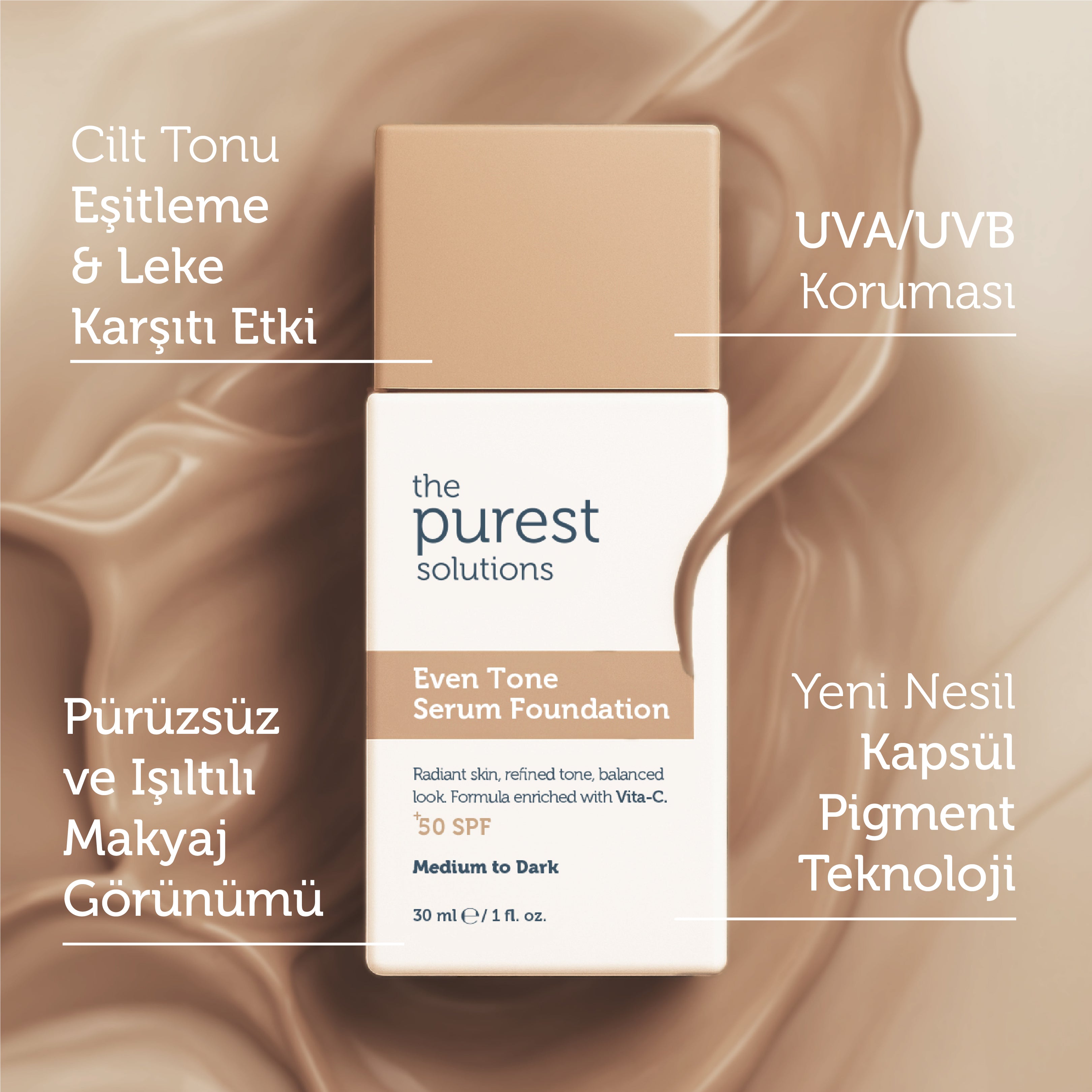 Cilt Tonu Eşitleyici &amp; Leke Karşıtı  Serum Fondöten  SPF 50+,30 ml – Orta/Koyu Ton