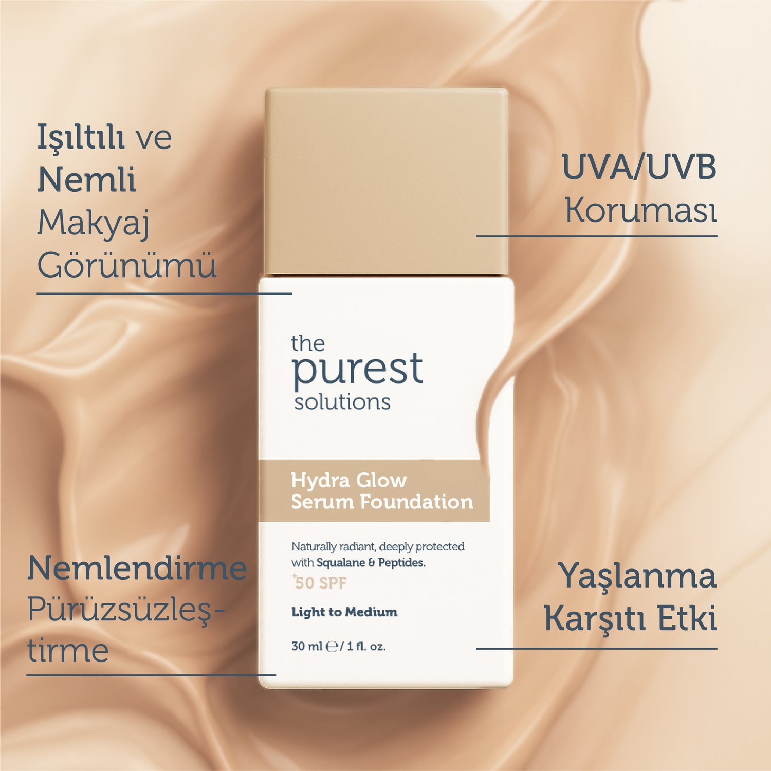 Nemlendirci &amp; Canlandırıcı Serum Fondöten  SPF 50+,30 ml – Açık/Orta Ton