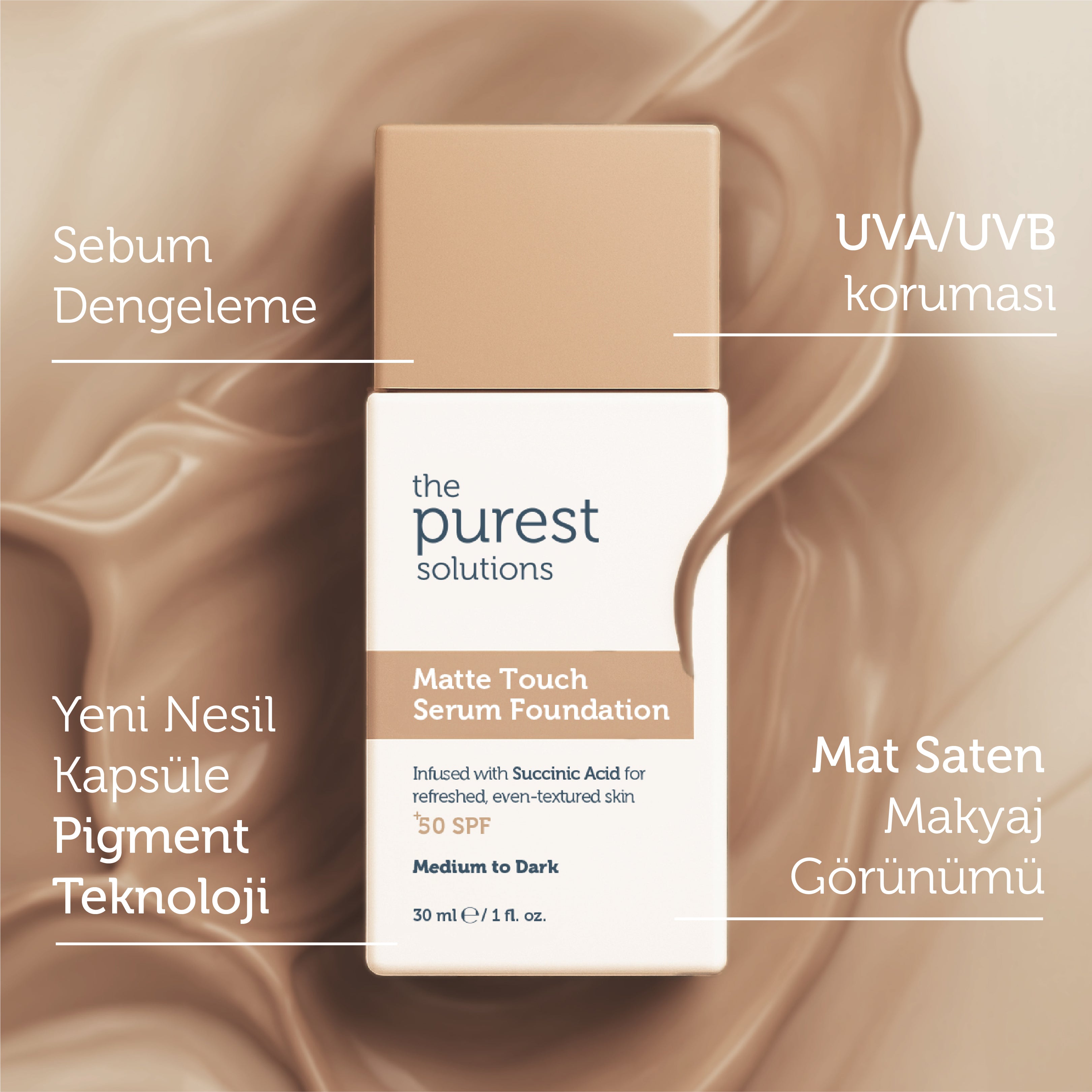 Sebum Dengeleyici &amp; Matlaştırıcı Serum Fondöten  SPF 50+,30 ml – Orta/Koyu Ton