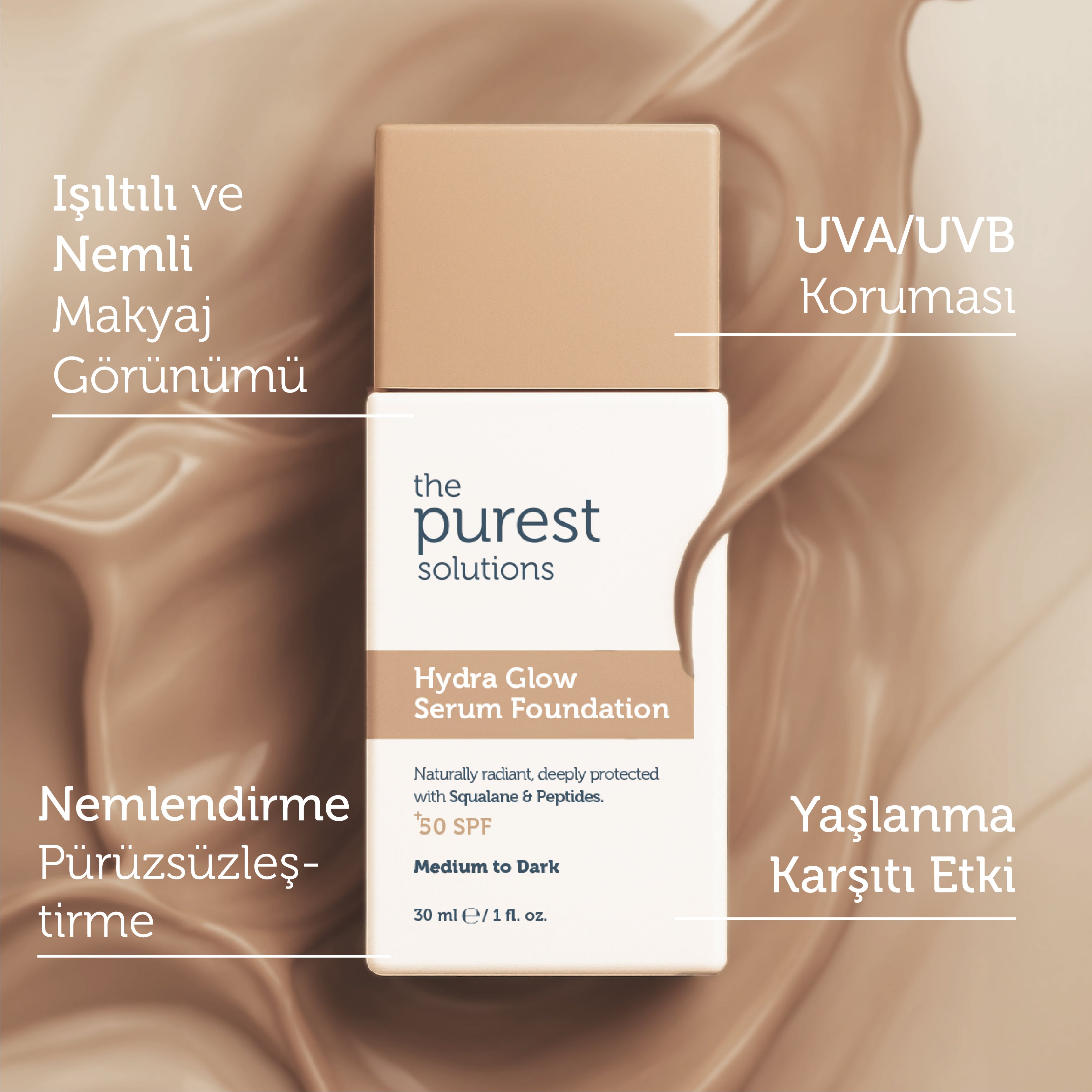 Nemlendirci &amp; Canlandırıcı Serum Fondöten  SPF 50+,30 ml – Orta/Koyu Ton