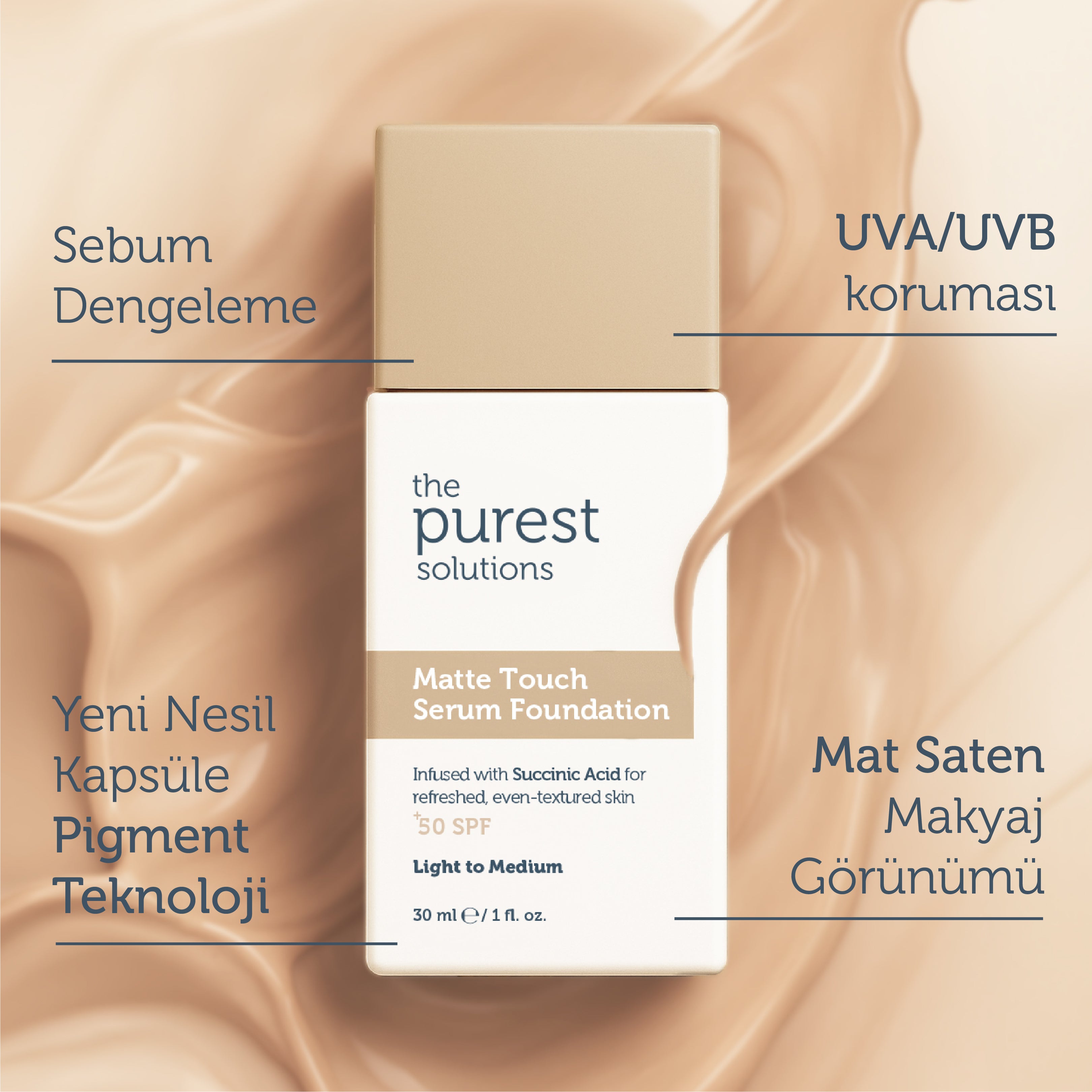 Sebum Dengeleyici &amp; Matlaştırıcı Serum Fondöten  SPF 50+,30 ml – Açık/Orta Ton